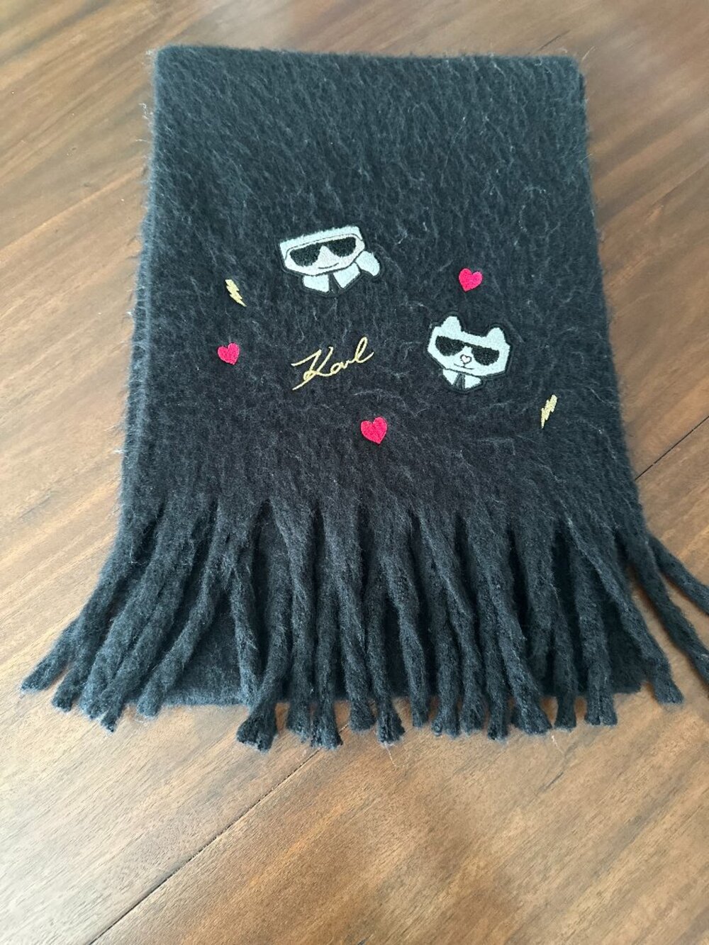 Karl Lagerfeld Paris Choupette Embroidered Blanket Scarf Black Fringe Oversized